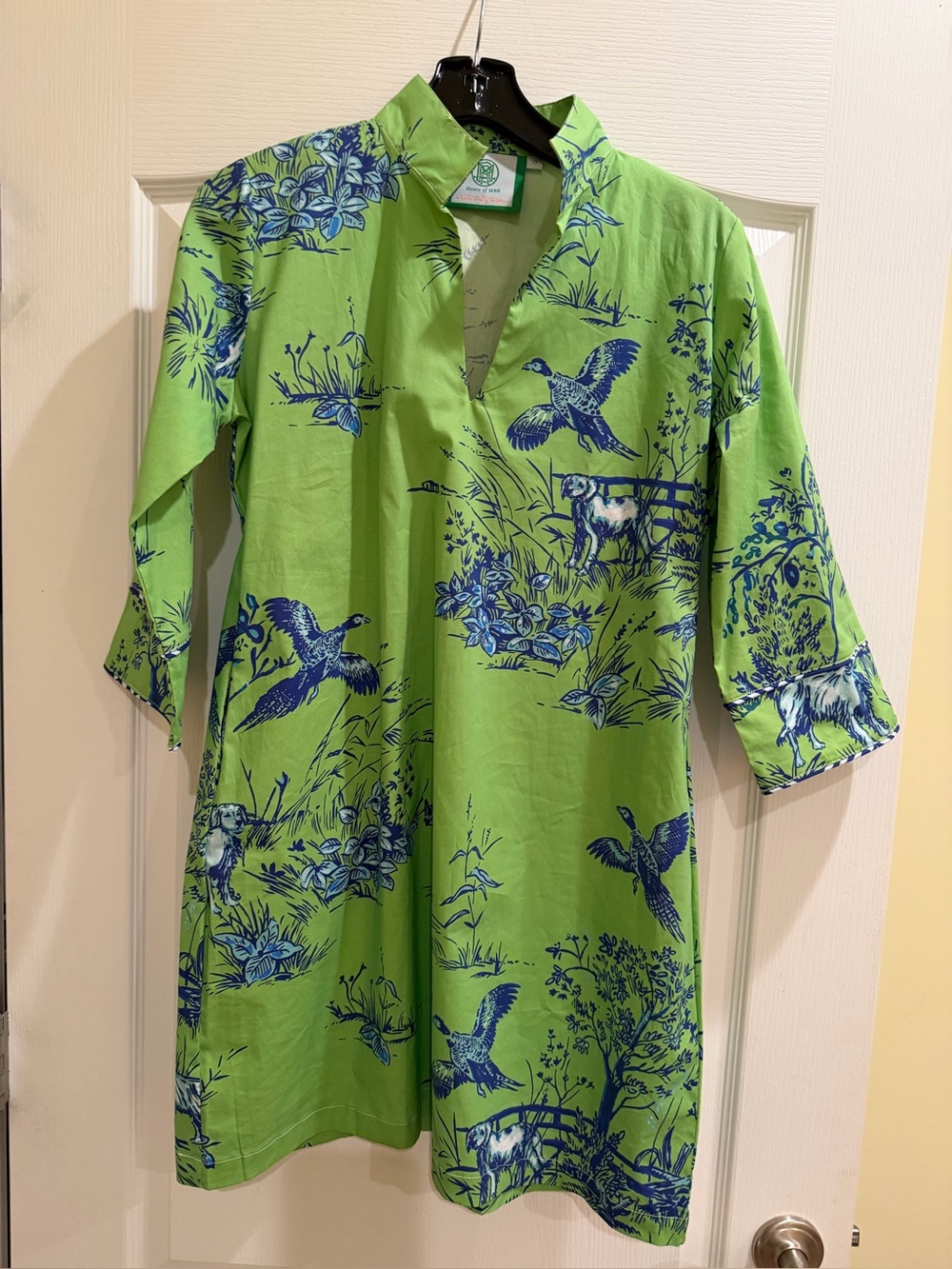 House of MBR Green Asymmetrical Tunic Dress with Blue Nature Print